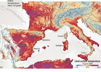 Mappa temperature superficiali Europa meridionale con aree rosse e viola