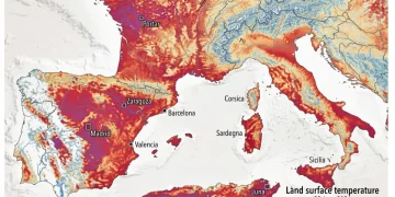 Mappa temperature superficiali Europa meridionale con aree rosse e viola