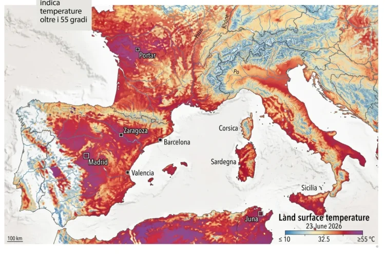 Mappa temperature superficiali Europa meridionale con aree rosse e viola