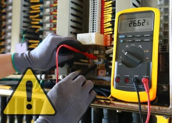 Elettricista misura tensione elettrica con multimetro giallo in un impianto.