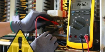 Elettricista misura tensione elettrica con multimetro giallo in un impianto.