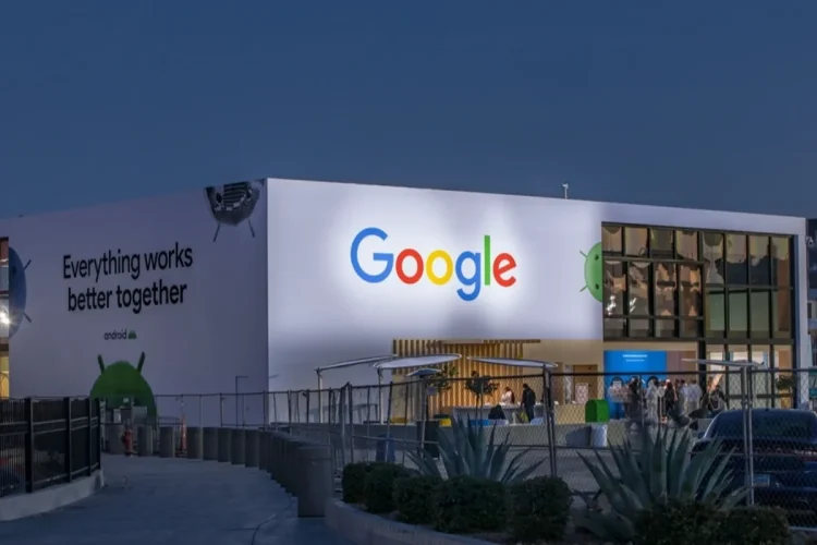 Esterno illuminato dello stand Google al CES di Las Vegas 2023