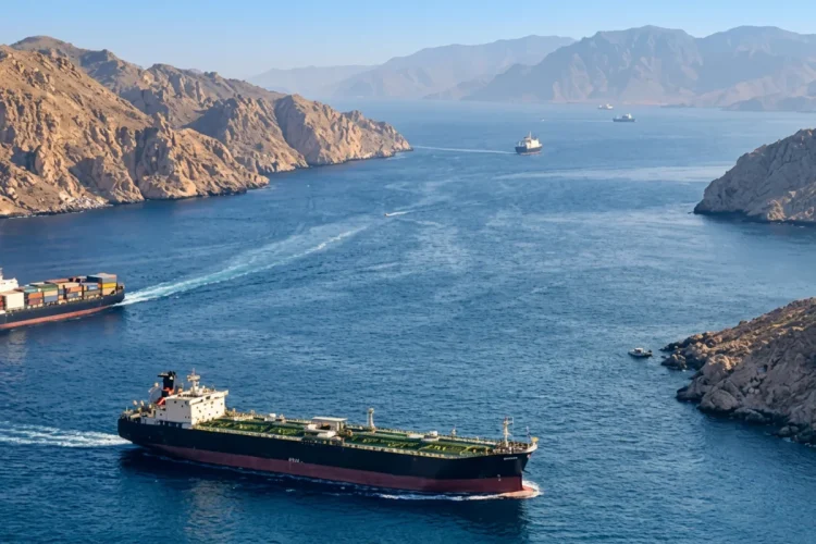 Nave petroliera e portacontainer attraversano lo Stretto di Hormuz tra montagne rocciose.