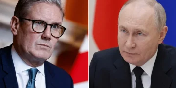 Keir Starmer e Vladimir Putin osservano con espressioni serie.