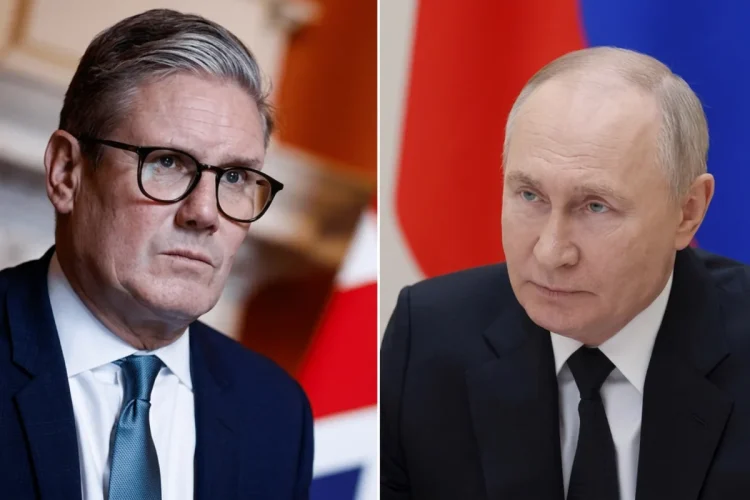 Keir Starmer e Vladimir Putin osservano con espressioni serie.