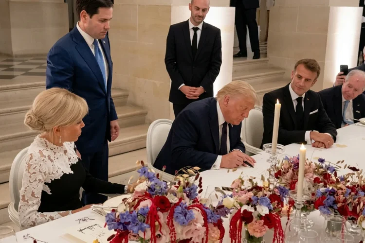 Donald Trump firma documento circondato da Emmanuel Macron e Brigitte Macron