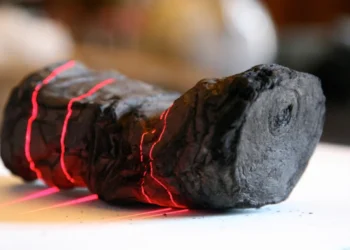 Rotolo carbonizzato di Ercolano illuminato da linee laser rosse per scansione.