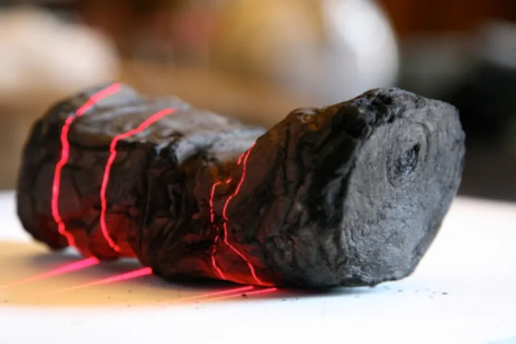 Rotolo carbonizzato di Ercolano illuminato da linee laser rosse per scansione.