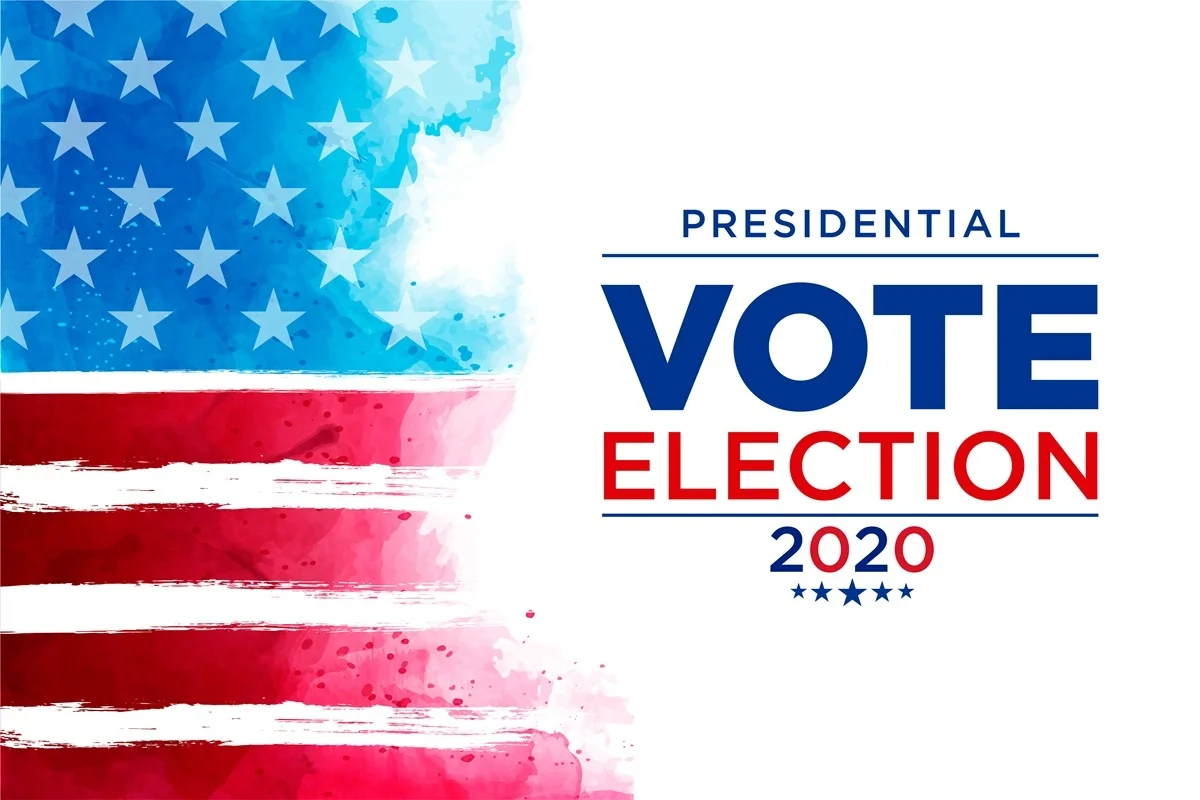 Banner elezioni presidenziali USA 2020 con bandiera stilizzata.