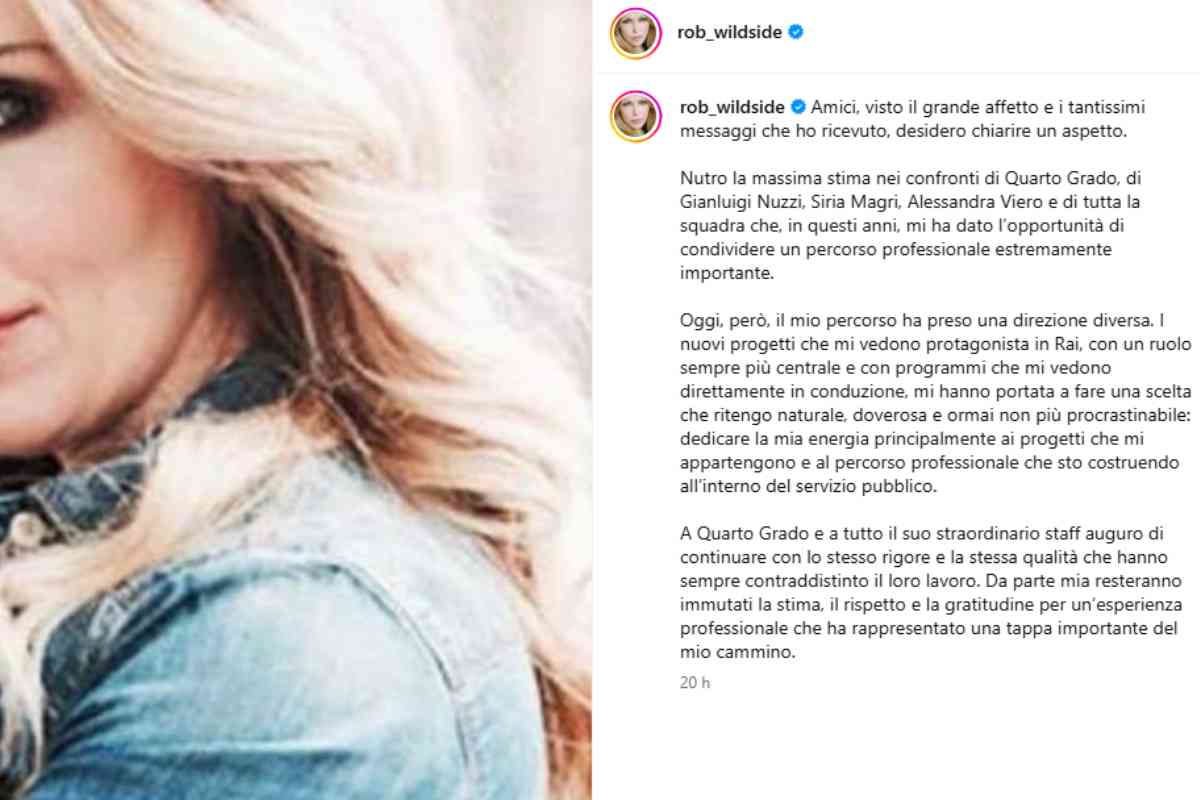 Roberta Bruzzone, messaggio social addio a Quarto Grado, screen