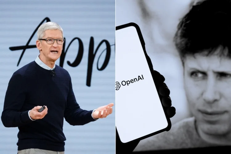 Tim Cook e logo OpenAI su smartphone con Sam Altman sullo sfondo