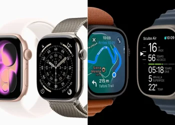 Due Apple Watch Ultra e due Apple Watch Series diversi mostrati uno a fianco all'altro.