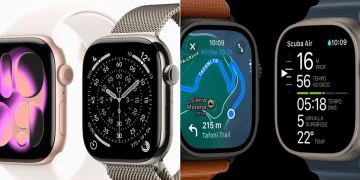 Due Apple Watch Ultra e due Apple Watch Series diversi mostrati uno a fianco all'altro.