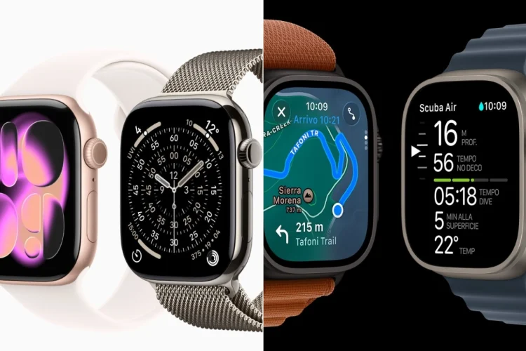 Due Apple Watch Ultra e due Apple Watch Series diversi mostrati uno a fianco all'altro.