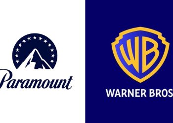 Loghi affiancati di Paramount Pictures e Warner Bros. Entertainment. Dodici Stati Usa citano in giudizio la fusione Warner-Paramount per timori antitrust