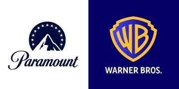 Loghi affiancati di Paramount Pictures e Warner Bros. Entertainment. Dodici Stati Usa citano in giudizio la fusione Warner-Paramount per timori antitrust
