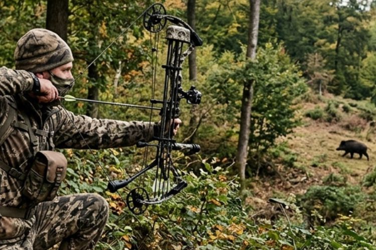 Uomo caccia cinghiale con arco