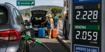 Auto al distributore di carburante in autostrada con i prezzi di benzina e diesel esposti durante il periodo delle vacanze estive