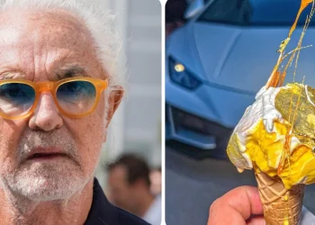 Flavio Briatore con occhiali arancioni e cono gelato lussuoso foglia oro