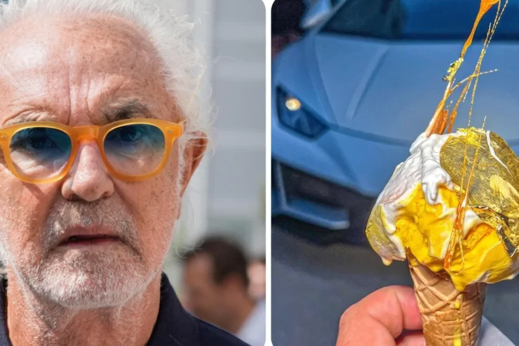 Flavio Briatore con occhiali arancioni e cono gelato lussuoso foglia oro