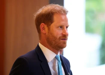 Principe Harry con barba rossa e vestito blu scuro