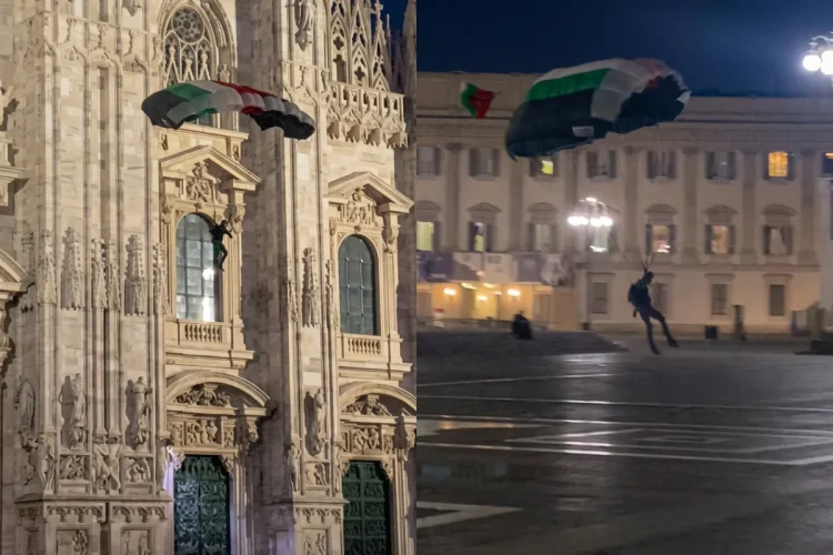 Paracadutista in Piazza Duomo, Milano, di notte