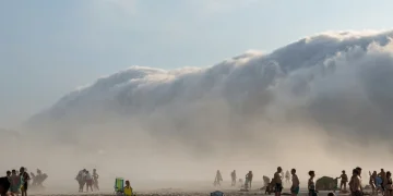 Fitta nebbia avvolge la spiaggia affollata di persone curiosi.