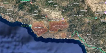 Mappa satellitare Creta con aree incendiate evidenziate a Retimno