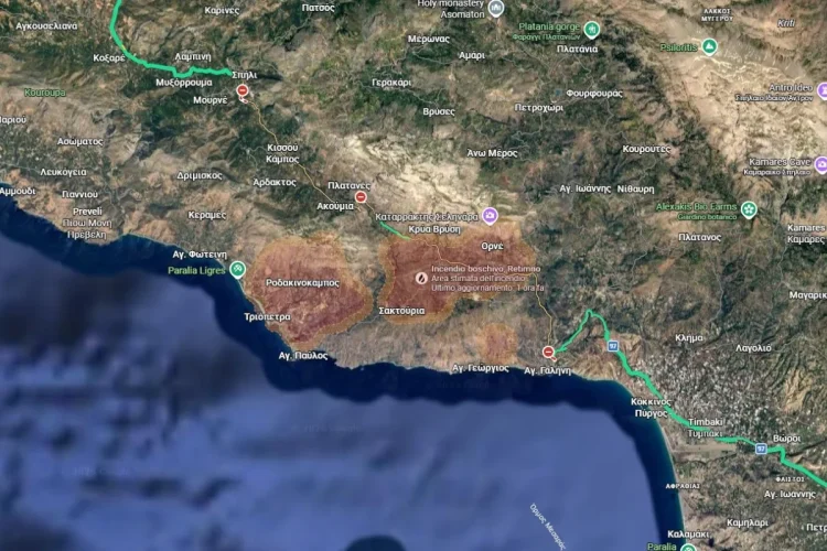 Mappa satellitare Creta con aree incendiate evidenziate a Retimno