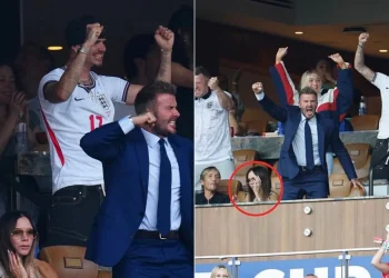 Victoria Beckham annoiata, David Beckham esultante in tribuna sportiva