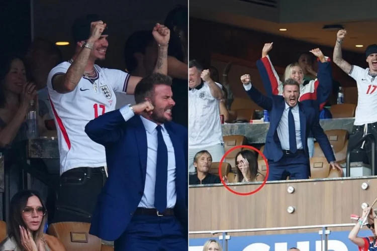 Victoria Beckham annoiata, David Beckham esultante in tribuna sportiva