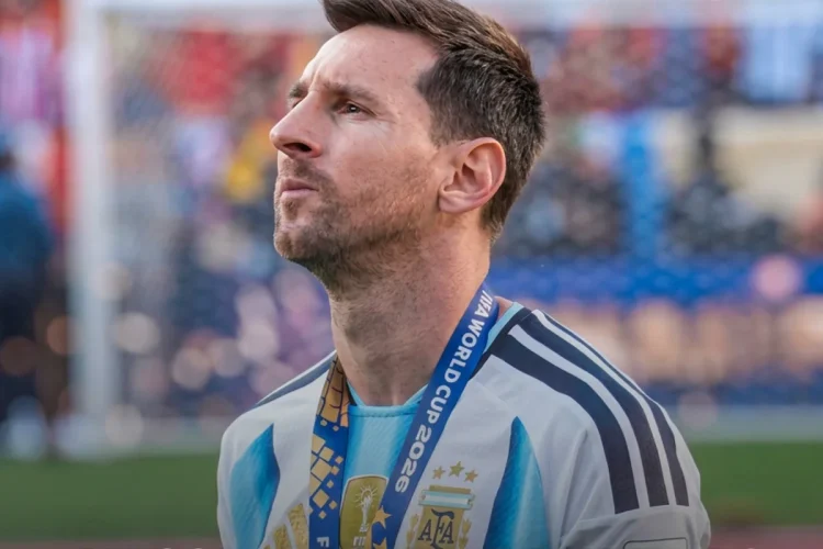 Lionel Messi pensieroso in campo con maglia Argentina, lanyard FIFA.