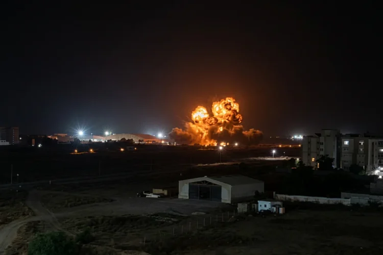 Iran, grande esplosione notturna in base aerea con fuoco e fumo.