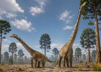 Ricostruzione artistica di due dinosauri sauropodi dal collo molto lungo in una foresta preistorica. I due animali, di grandi dimensioni, camminano tra alberi