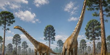Ricostruzione artistica di due dinosauri sauropodi dal collo molto lungo in una foresta preistorica. I due animali, di grandi dimensioni, camminano tra alberi
