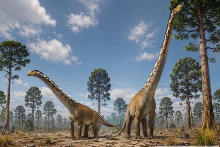 Ricostruzione artistica di due dinosauri sauropodi dal collo molto lungo in una foresta preistorica. I due animali, di grandi dimensioni, camminano tra alberi