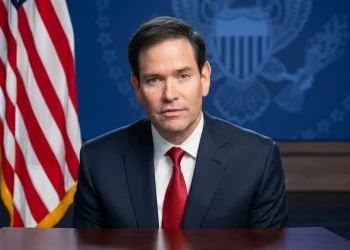 Marco Rubio in giacca e cravatta davanti alla bandiera americana.