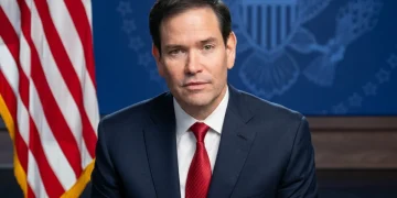 Marco Rubio in giacca e cravatta davanti alla bandiera americana.