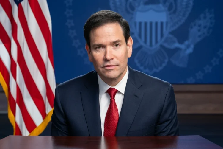 Marco Rubio in giacca e cravatta davanti alla bandiera americana.