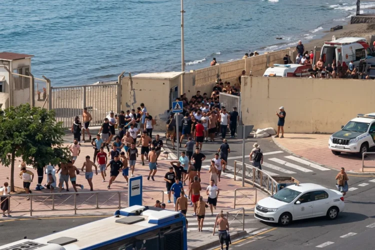 Folla di migranti corre verso recinzione a Ceuta, Spagna