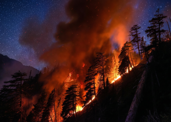 Incendio boschivo notturno divampa su un pendio di montagna sotto un cielo stellato. Francia, Macron: "È la peggiore emergenza incendi dal dopoguerra"