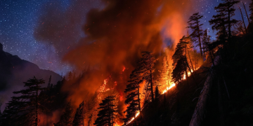 Incendio boschivo notturno divampa su un pendio di montagna sotto un cielo stellato. Francia, Macron: "È la peggiore emergenza incendi dal dopoguerra"
