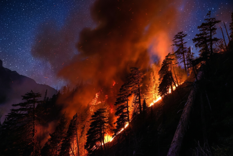 Incendio boschivo notturno divampa su un pendio di montagna sotto un cielo stellato. Francia, Macron: "È la peggiore emergenza incendi dal dopoguerra"