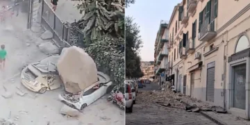 Danni del terremoto ai Campi Flegrei, auto distrutte e calcinacci.