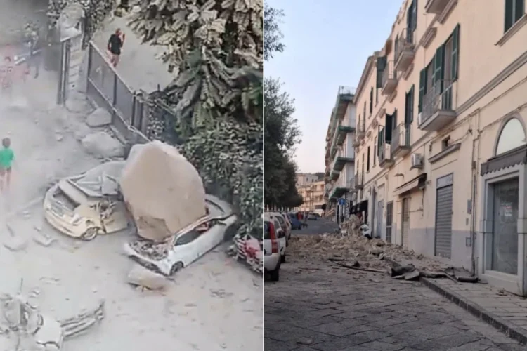 Danni del terremoto ai Campi Flegrei, auto distrutte e calcinacci.