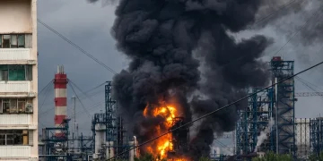 Raffineria petrolifera russa in fiamme con denso fumo nero