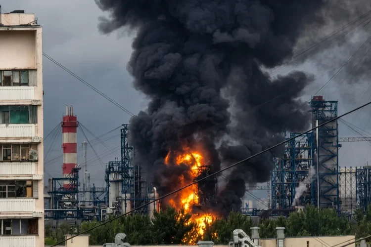 Raffineria petrolifera russa in fiamme con denso fumo nero