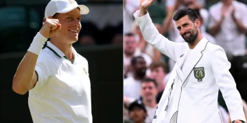 Jannik Sinner e Novak Djokovic salutano il pubblico sul campo da tennis