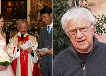 Collage di Milo Infante alle sue nozze con la moglie e Don Mazzi