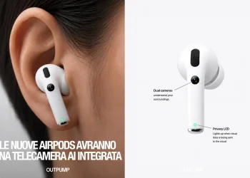 AirPod bianco con telecamera integrata e LED di privacy, indossato in un orecchio.